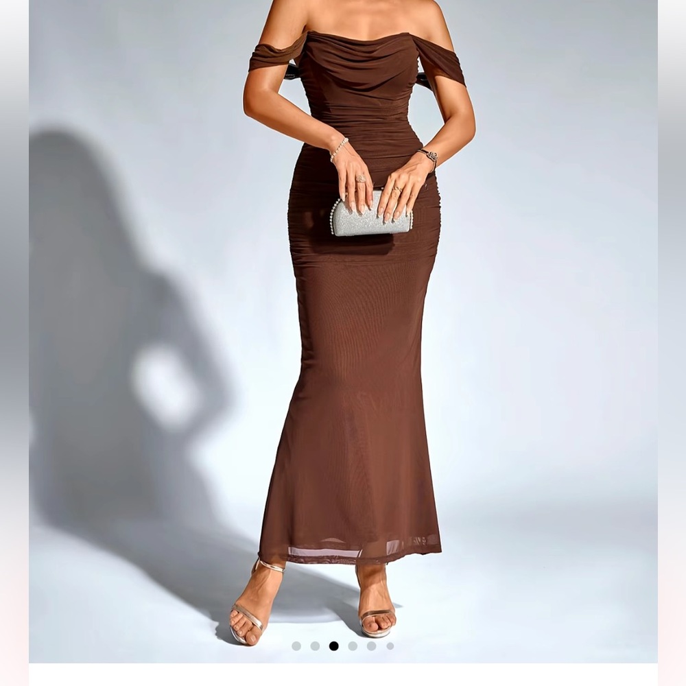 Off the shoulder long brown ruched dress